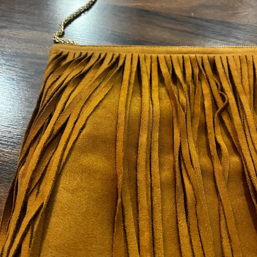 Boho Fringe Suede Tan/Brown Shoulder Bag with Gold Strap - Picture 2 of 11